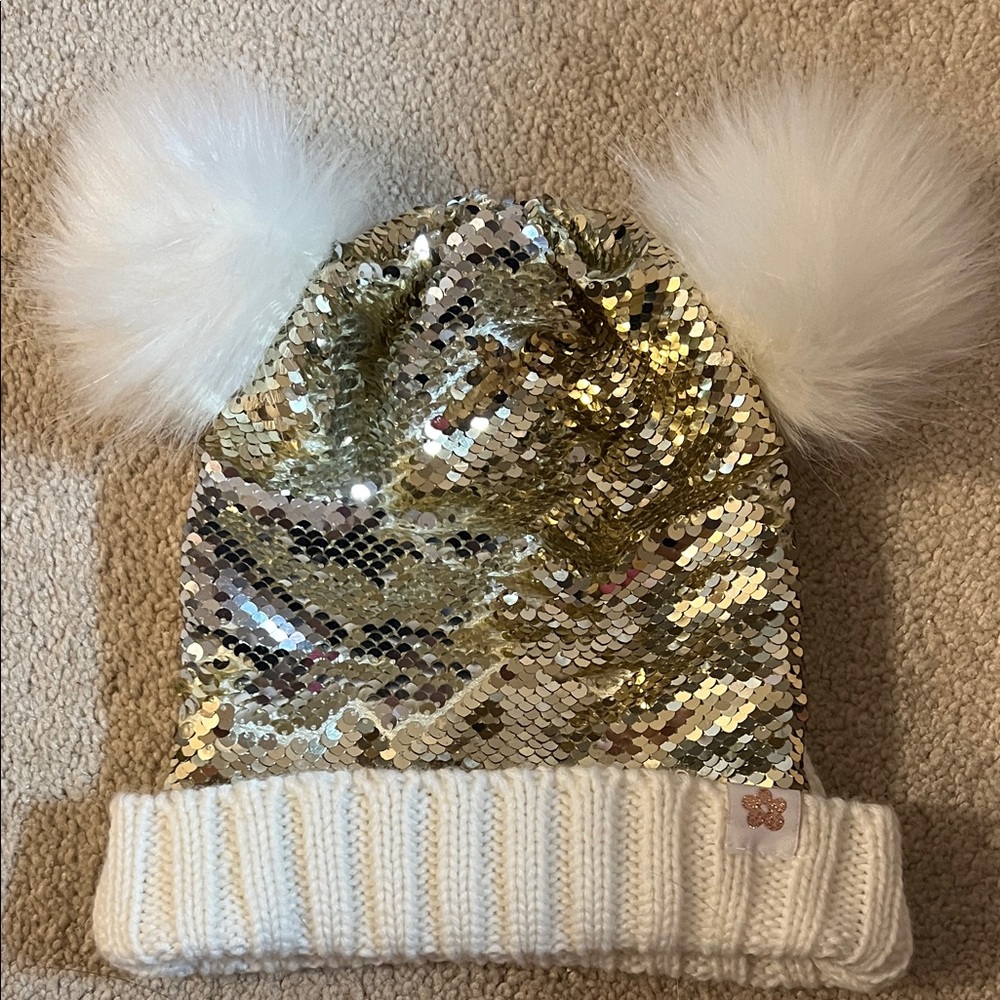Limited Too Gold and White Sequin Pom-Pom Beanie